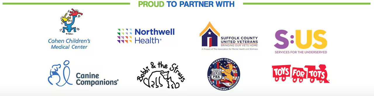 VIP Automotive Group community partners: Cohen Children's Medical Center, Northwell Health, Suffolk County United Veterans, S:US, Canine Companions, Bobbi & the Strays, Nassau County PBA, Toys for Tots