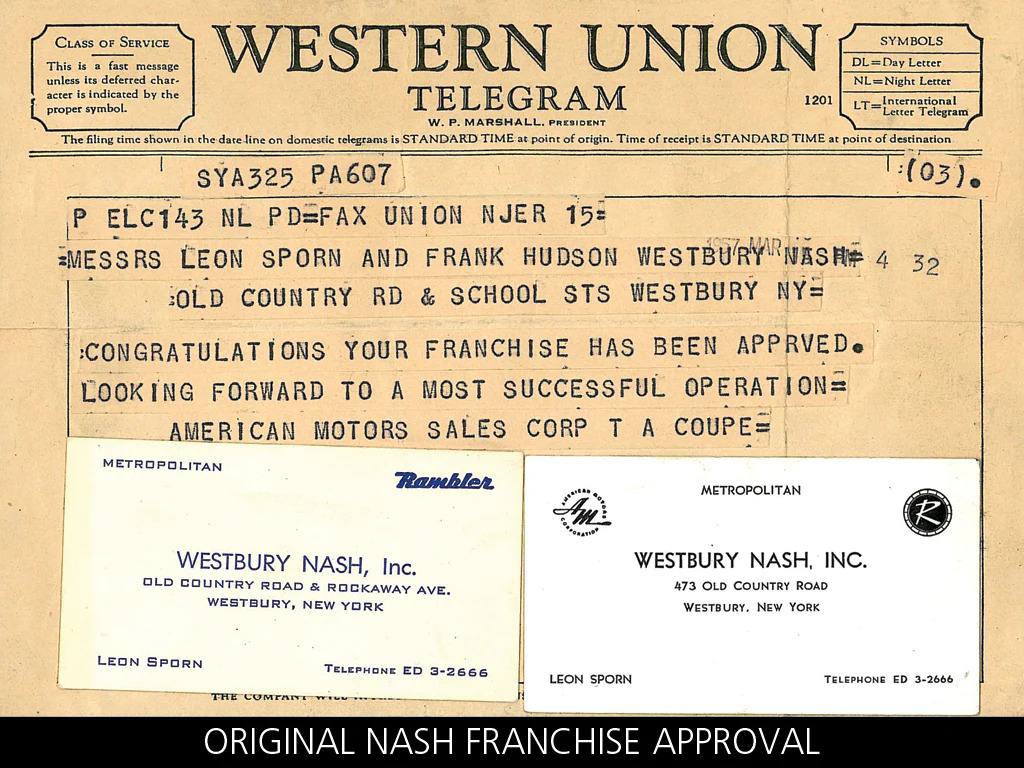 Original Nash franchise approval telegram from American Motors